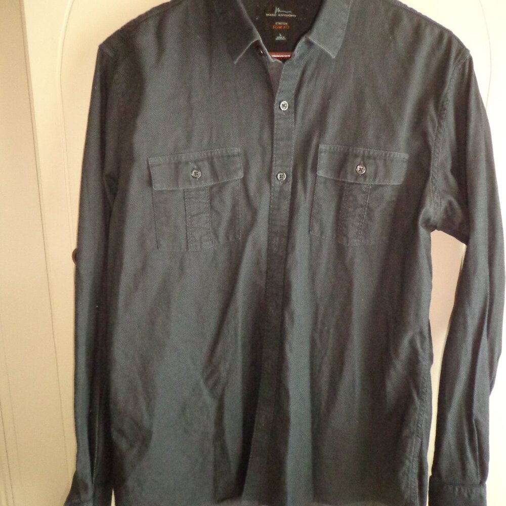 NWOT MARC ANTHONY Button Down Stretch SLIM FIT Shirt Men's L Dark Navy/Black